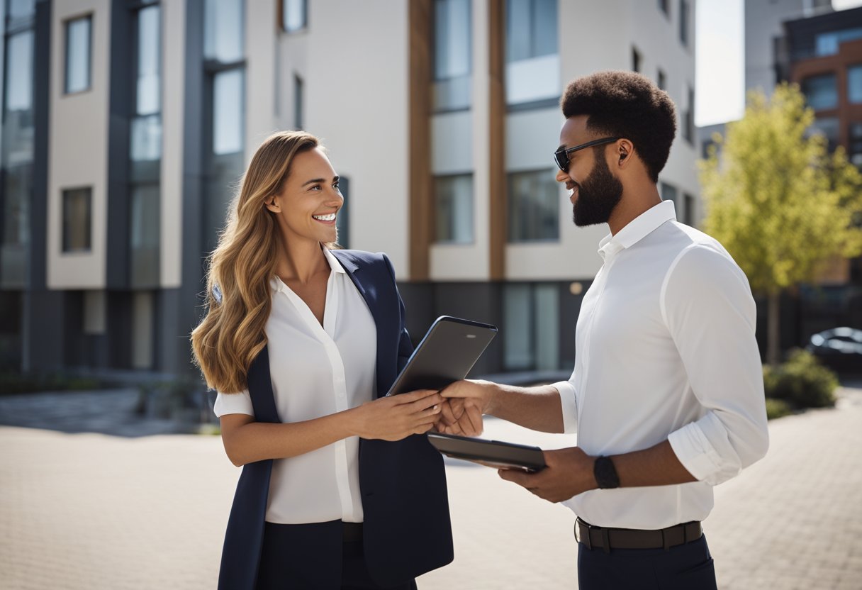 A property manager and a mobile app developer shake hands in front of a row of rental properties. The manager holds a tablet while the developer presents a smartphone