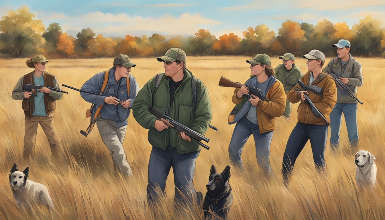 A group of students practicing hunting skills in a Nebraska field, with instructors demonstrating firearm safety and wildlife tracking techniques