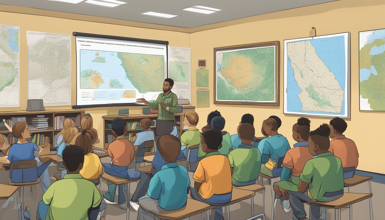 A group of students sitting in a classroom, listening to an instructor talk about hunter education requirements in Virginia. Maps and wildlife posters decorate the walls