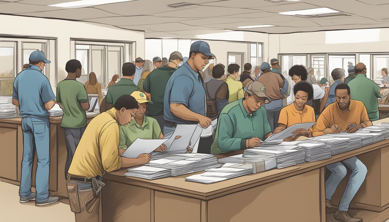 A group of people filling out forms and paying fees at a Virginia hunter education registration desk