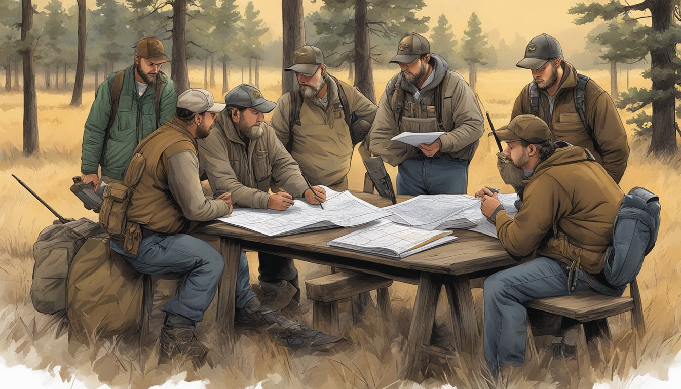 A group of hunters gather around a table, studying maps and safety guidelines while discussing resources and support for hunter education in Nebraska