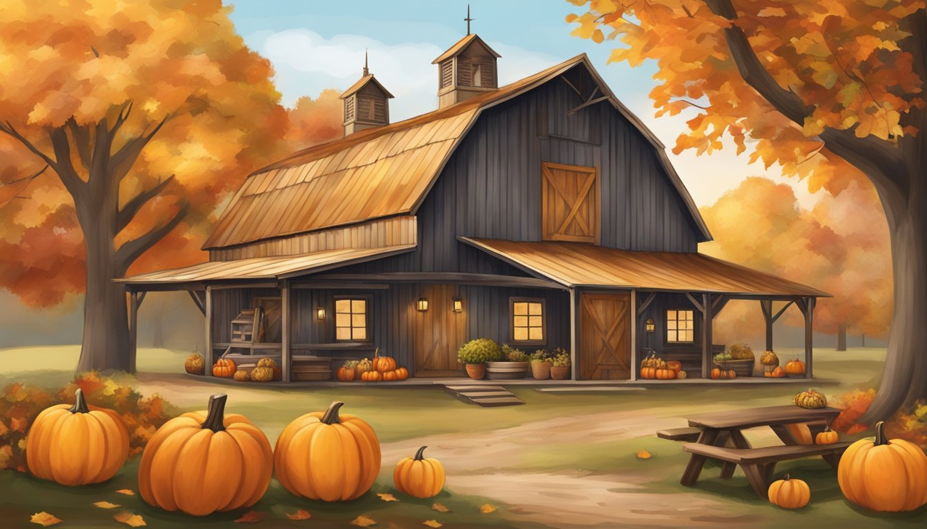 A rustic Texas barn adorned with fall foliage, pumpkins, and a festive table set for a Thanksgiving feast