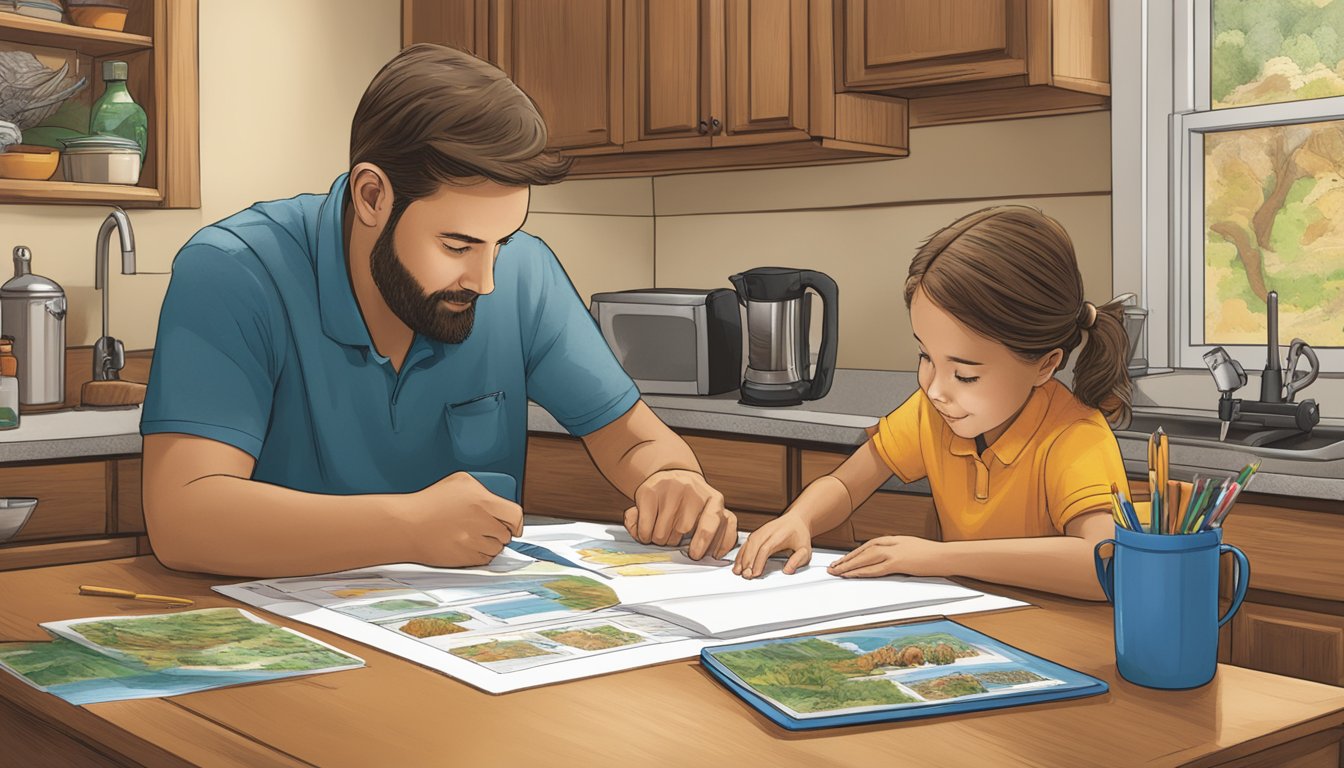 A parent and child review Nebraska's hunter education materials together at a kitchen table, surrounded by wildlife illustrations and safety equipment