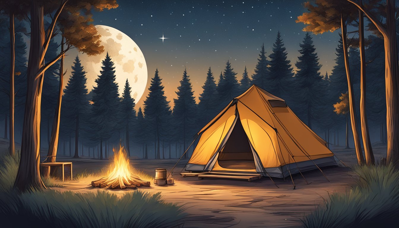 A lone tent sits beneath the starry Texas sky, surrounded by towering trees and a crackling campfire