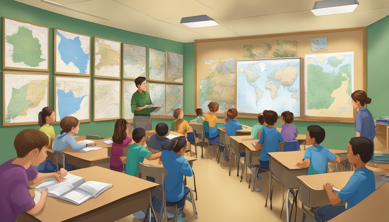 A group of students in a classroom, learning about hunter education in Kansas. Maps and wildlife illustrations decorate the walls