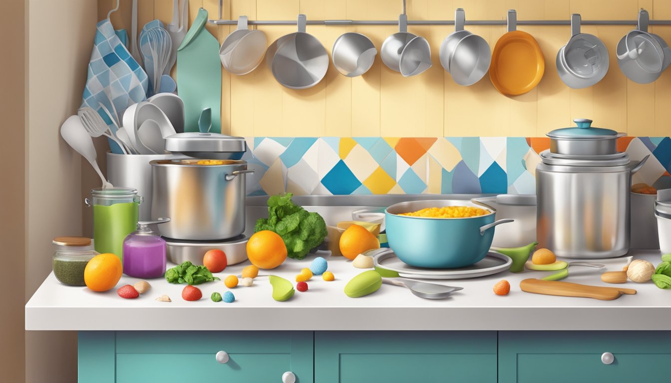 A child-sized kitchen counter with colorful ingredients and utensils scattered around, a small apron and chef hat hanging on the wall