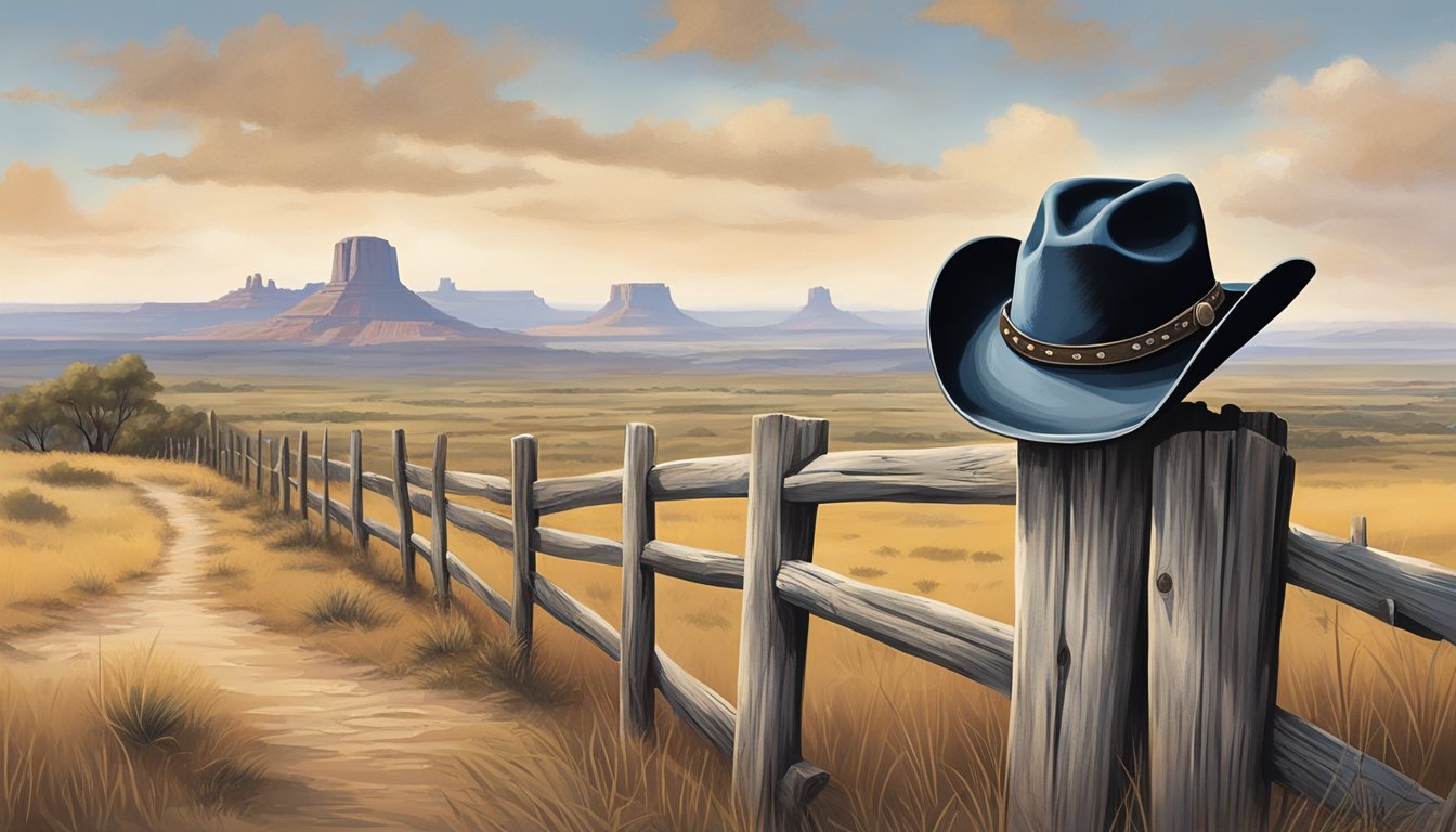 A lone cowboy hat rests on a weathered fence post, overlooking a vast Texas landscape dotted with historical sites and landmarks