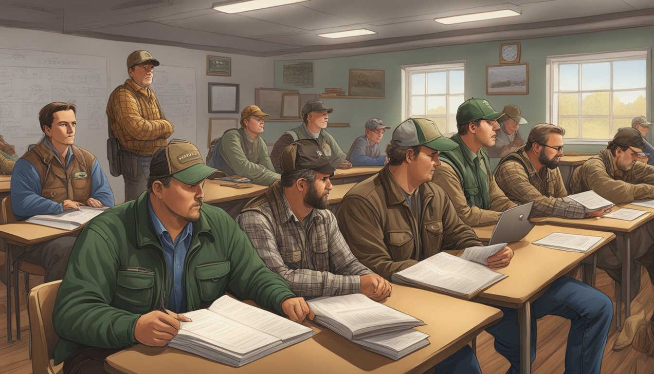 A group of hunters in a classroom, listening to an instructor and studying materials for their Kansas hunter education certification