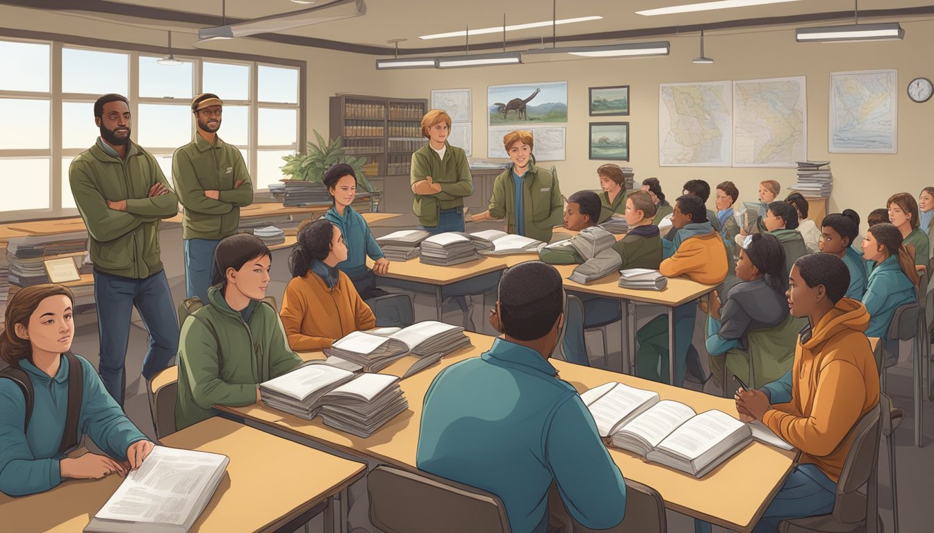 A group of individuals gathered in a classroom setting, surrounded by educational materials and equipment related to hunting and wildlife conservation