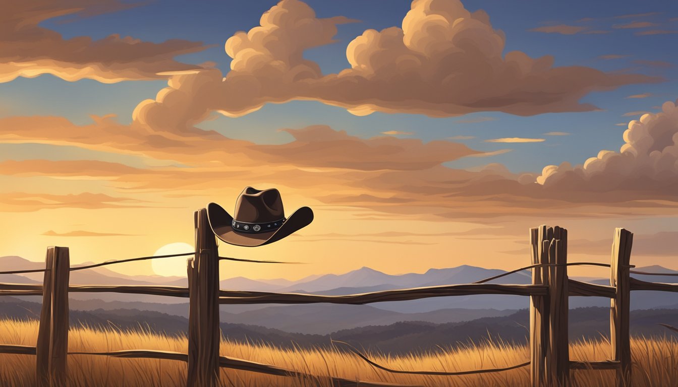 A lone cowboy hat rests on a rustic wooden fence, with a backdrop of rolling Texas hills under a warm Thanksgiving sky