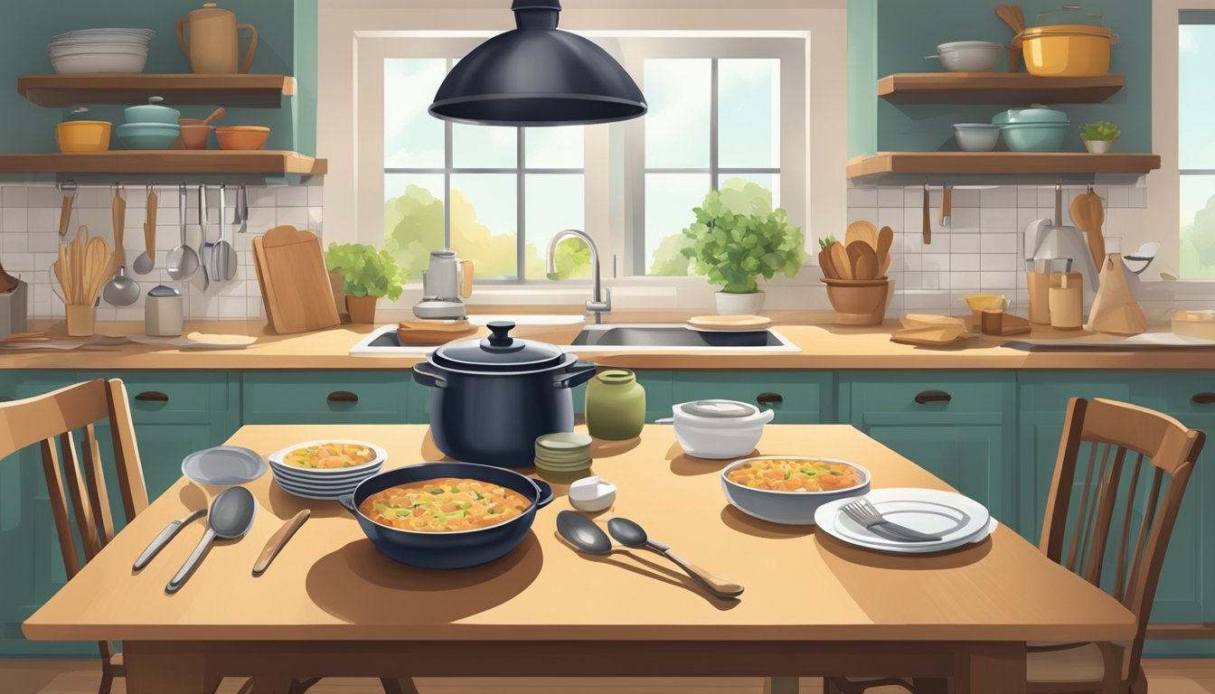 A family kitchen table with a pot of food, cooking utensils, and a cookbook open to a recipe, with chairs pulled out and ready for reflection and enjoyment