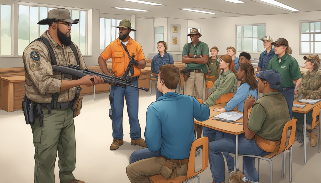 A group of hunters in Virginia, learning about firearm safety and wildlife conservation in a classroom setting