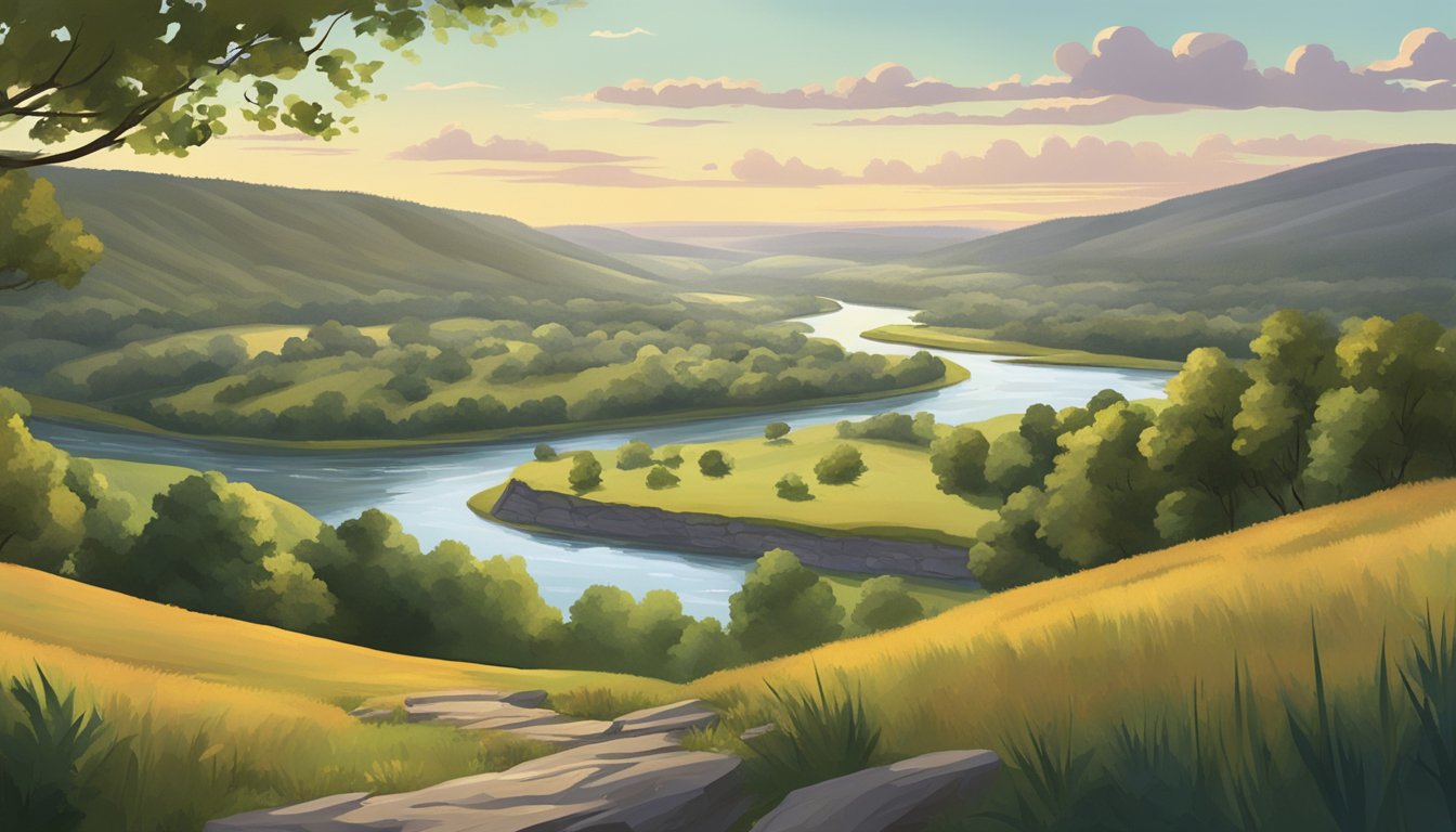 A serene Kansas landscape with rolling hills, a winding river, and a dense forest, where a hunter education curriculum is being taught