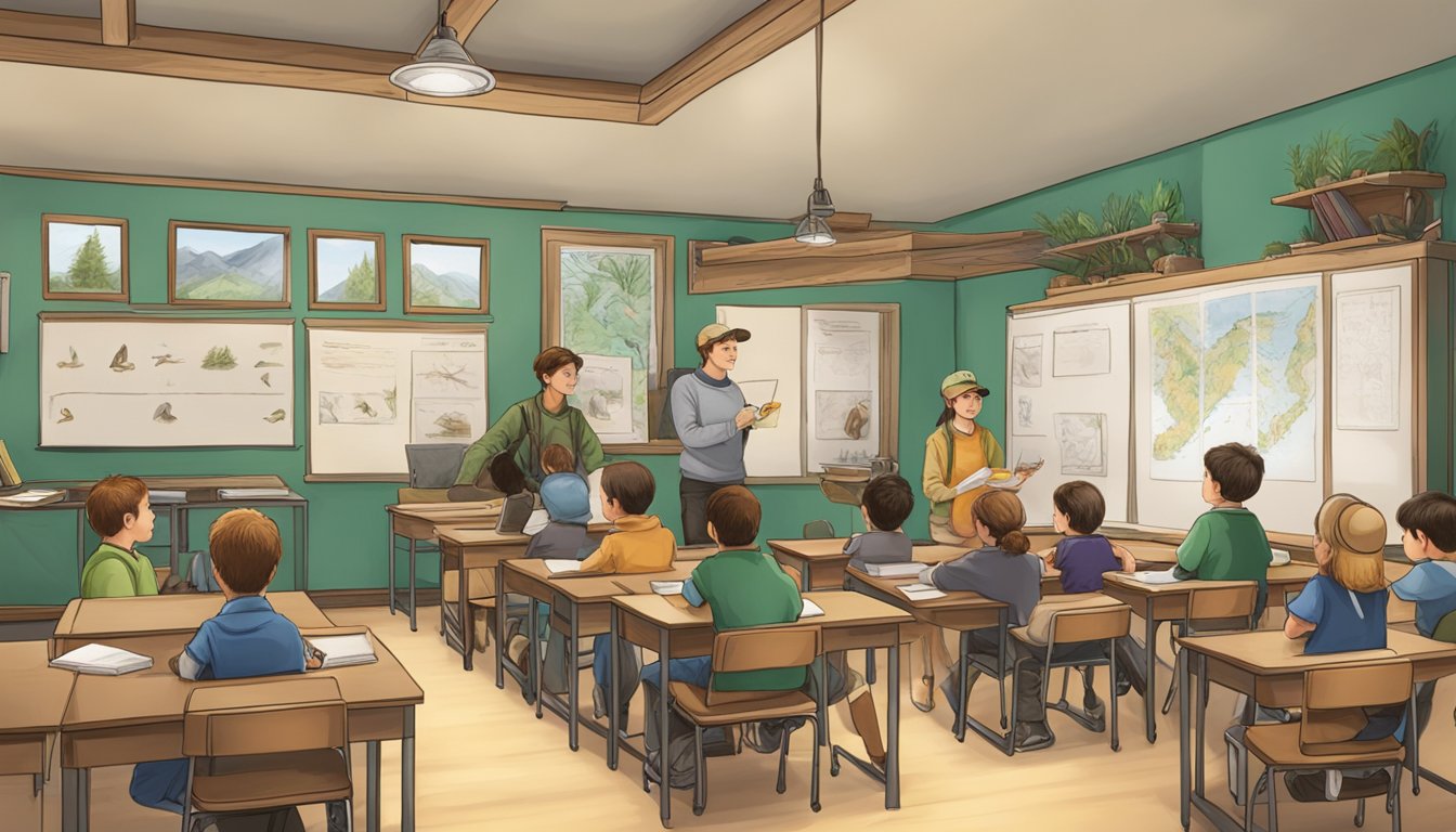 A hunter education classroom with students, instructor, and educational materials