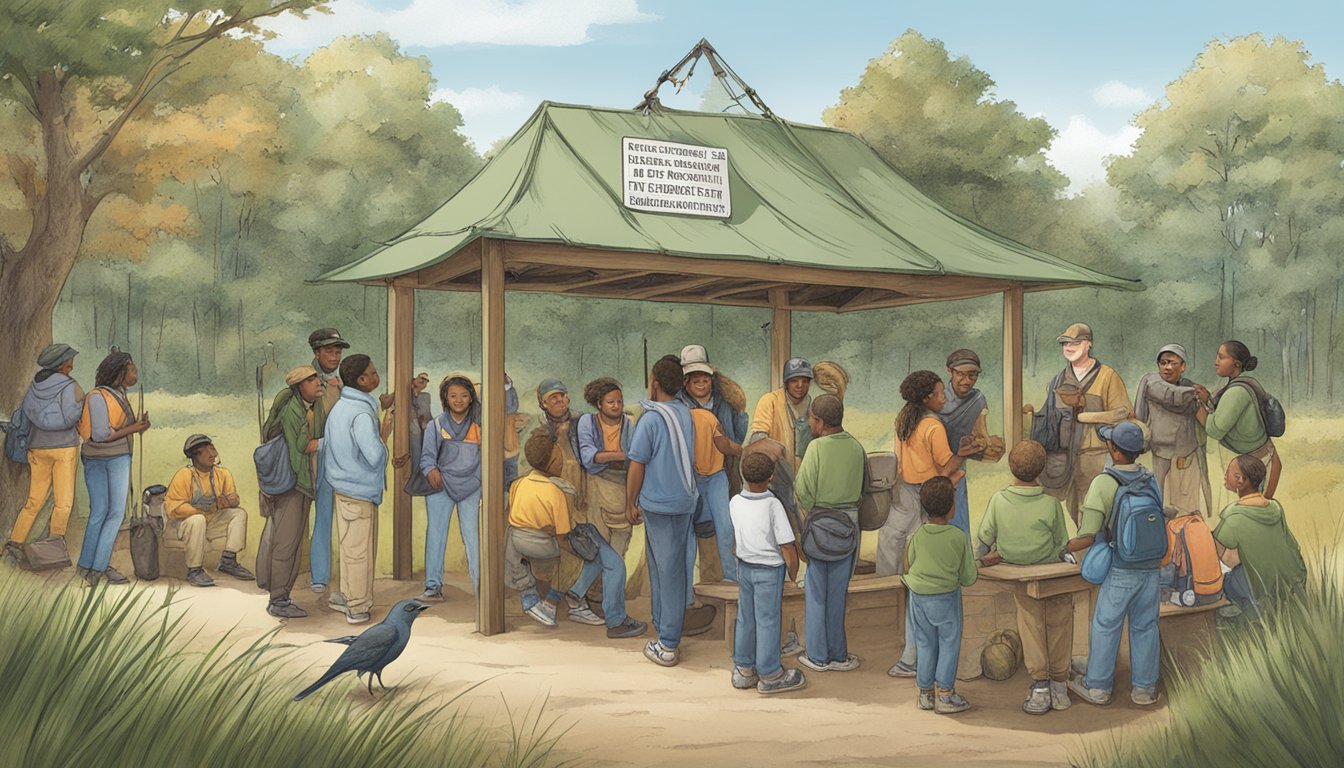 A group of diverse wildlife gathers around a sign displaying information about hunter education and enrollment requirements in New Jersey