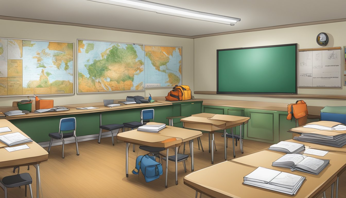 A hunter education classroom with a whiteboard, maps, and safety gear displayed