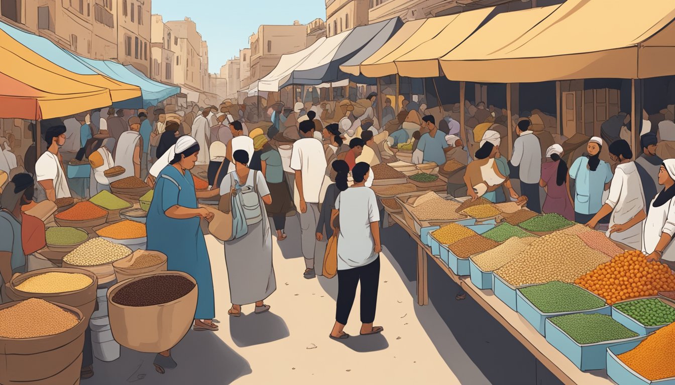 A bustling marketplace with vendors selling colorful piles of chickpeas, tahini, and spices, while people gather around to sample and celebrate the history of hummus