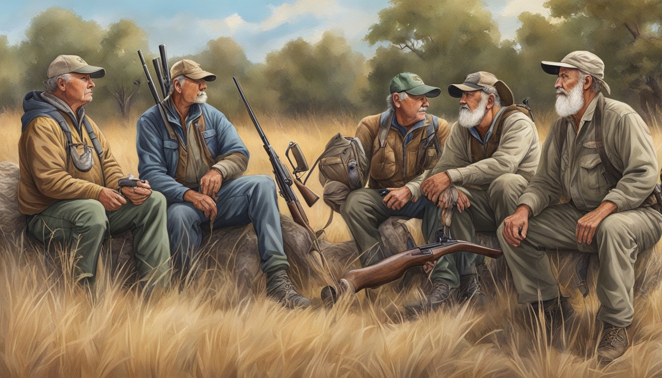 A group of experienced hunters in Kansas discussing advanced topics in hunting education