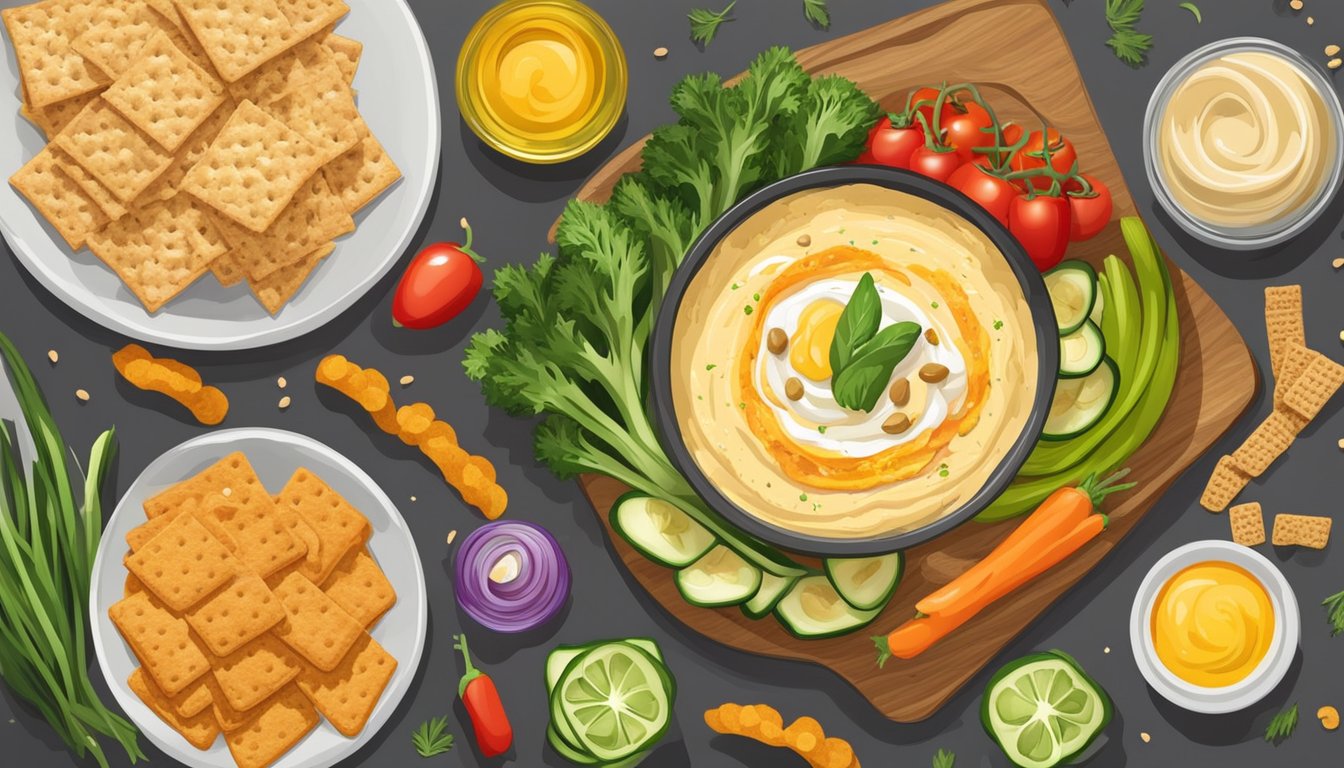 A colorful spread of hummus, surrounded by a variety of fresh vegetables and whole grain crackers, with a drizzle of olive oil and a sprinkle of paprika