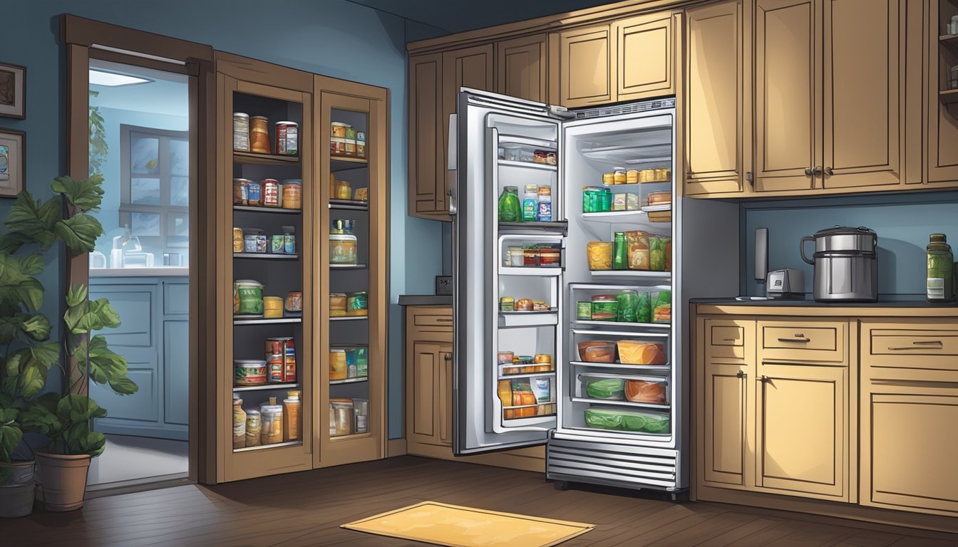 A dimly lit kitchen with a refrigerator and pantry stocked with non-perishable food items, a cooler filled with ice packs, and a flashlight and batteries ready for use