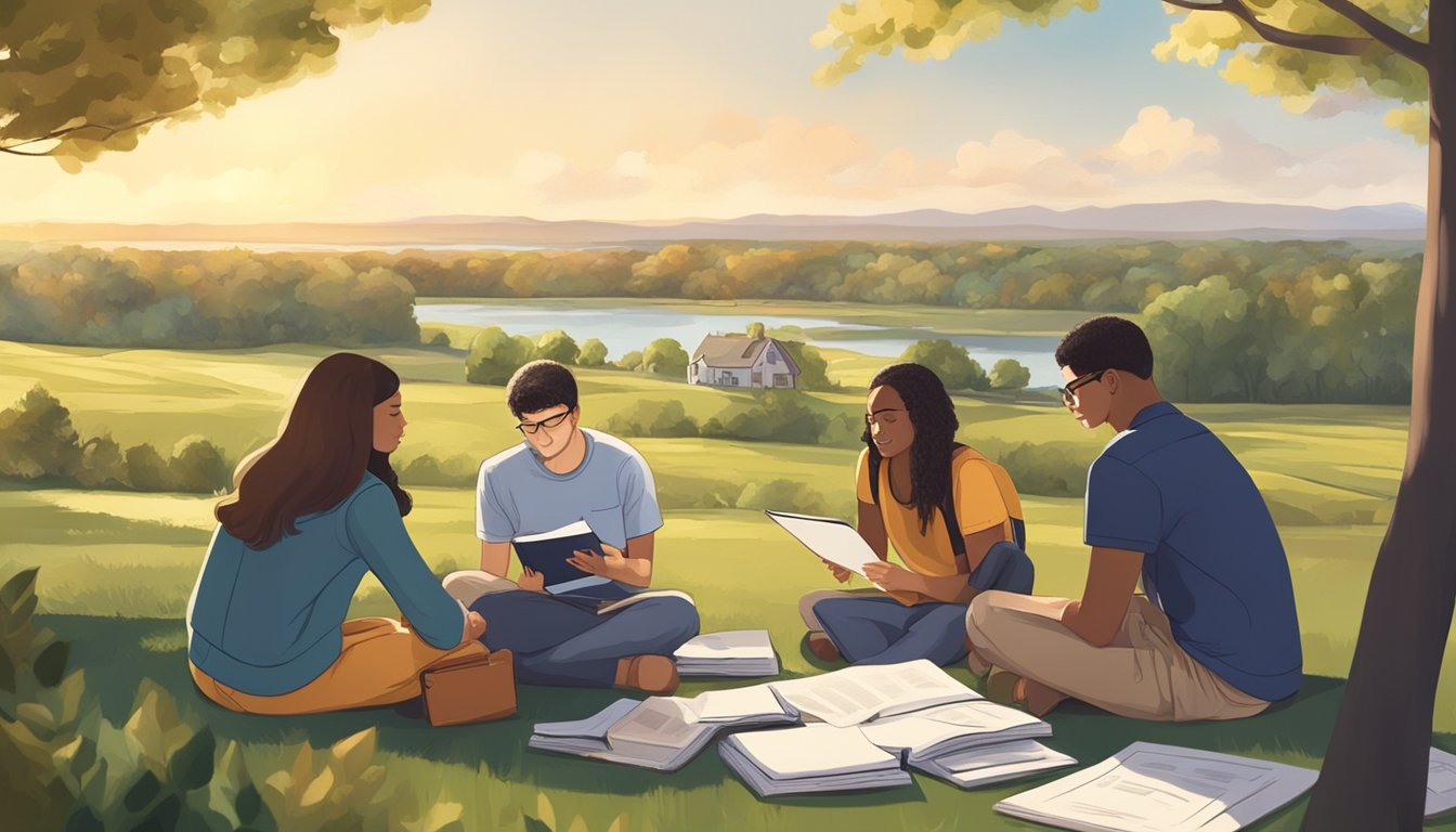 A group of students studying outdoors with a New Jersey landscape in the background, surrounded by educational materials and certification documents