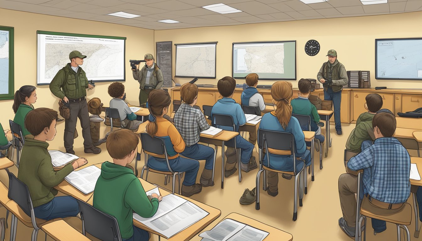 A hunter education class in Wisconsin, with students learning about firearms safety and wildlife conservation in a classroom setting with educational materials and visual aids