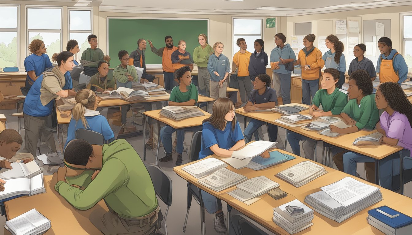 A group of students and instructors gather in a classroom, surrounded by educational materials and resources related to hunting and wildlife conservation in New Jersey