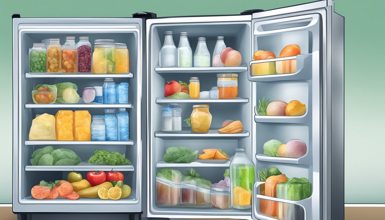 A refrigerator with a variety of perishable foods inside, surrounded by ice packs and a thermometer to monitor temperature