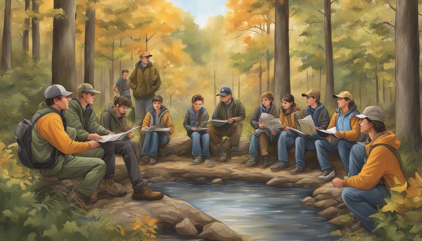 A hunter education class in New Jersey, with students studying materials and regulations, surrounded by nature and wildlife illustrations