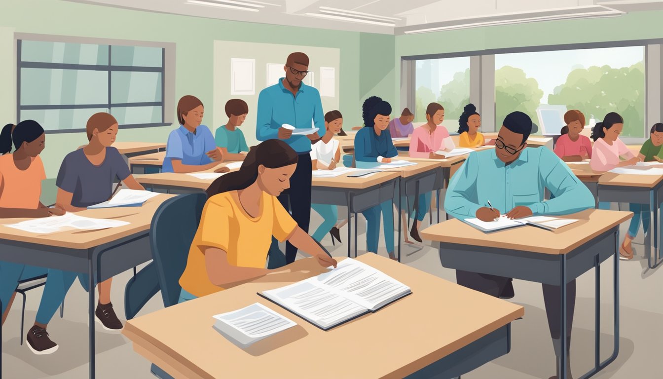 A group of individuals complete paperwork and take exams in a classroom setting, while an instructor observes and provides guidance