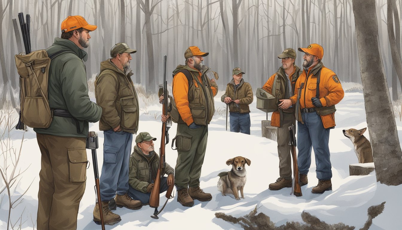 A group of hunters receiving instruction from a Wisconsin wildlife official, surrounded by hunting gear and safety signage