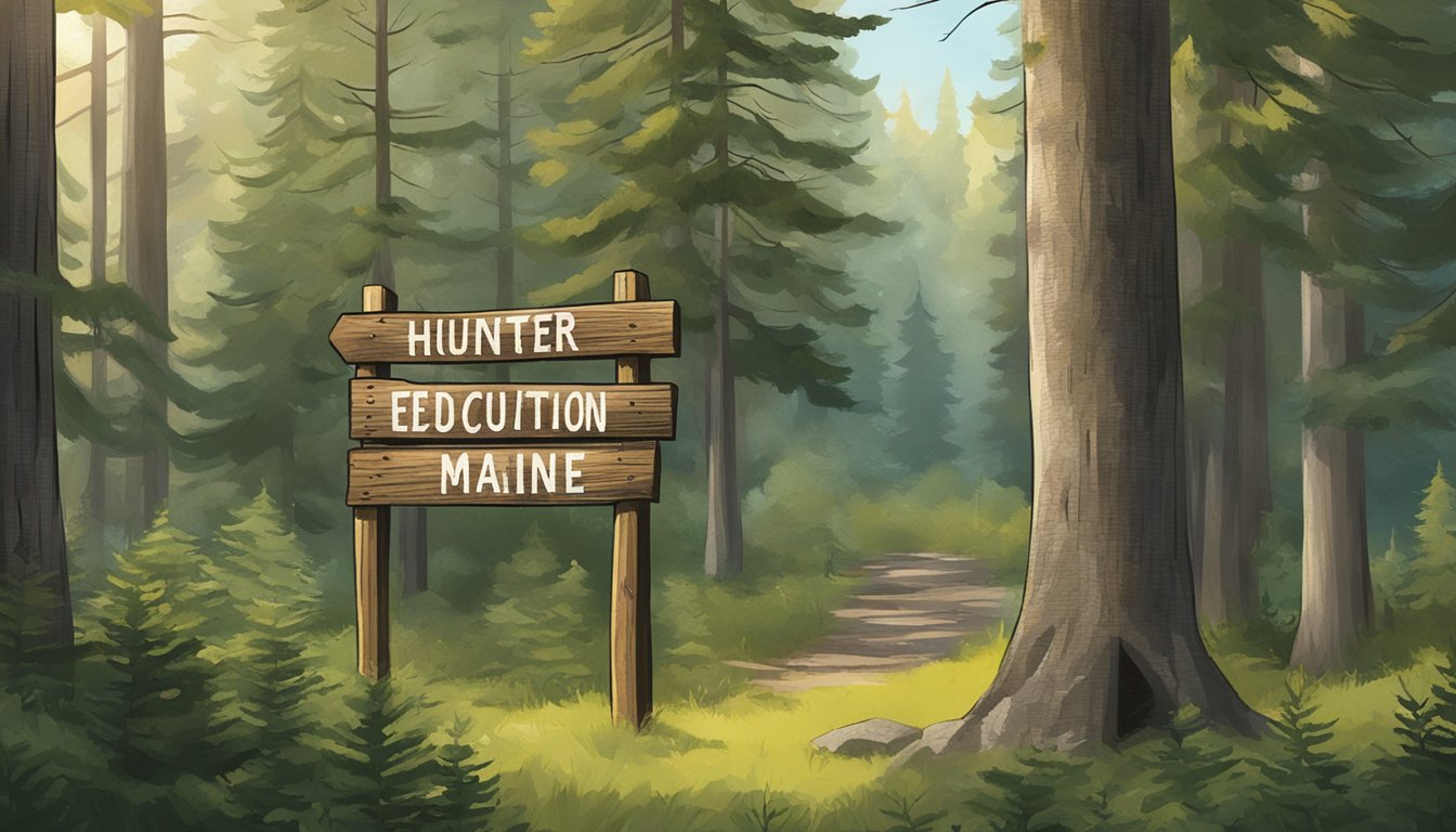 A serene forest clearing with a rustic wooden sign displaying "Hunter Education in Maine" surrounded by trees and wildlife