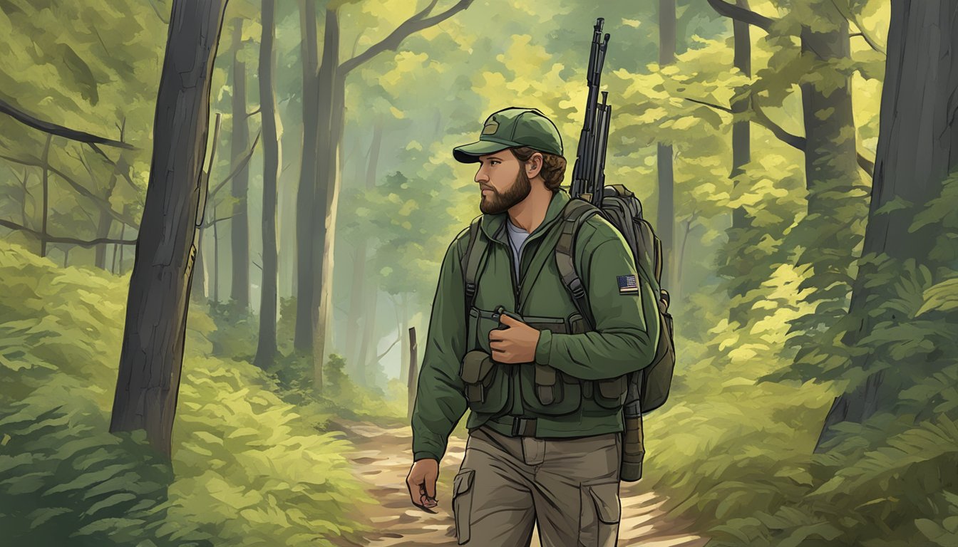 A hunter walking through a dense forest in Wisconsin, carrying a rifle and wearing hunter education gear