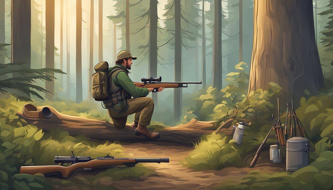 A tranquil forest clearing with a hunter's backpack, rifle, and various hunting tools laid out on a log. Surrounding trees and wildlife in the background