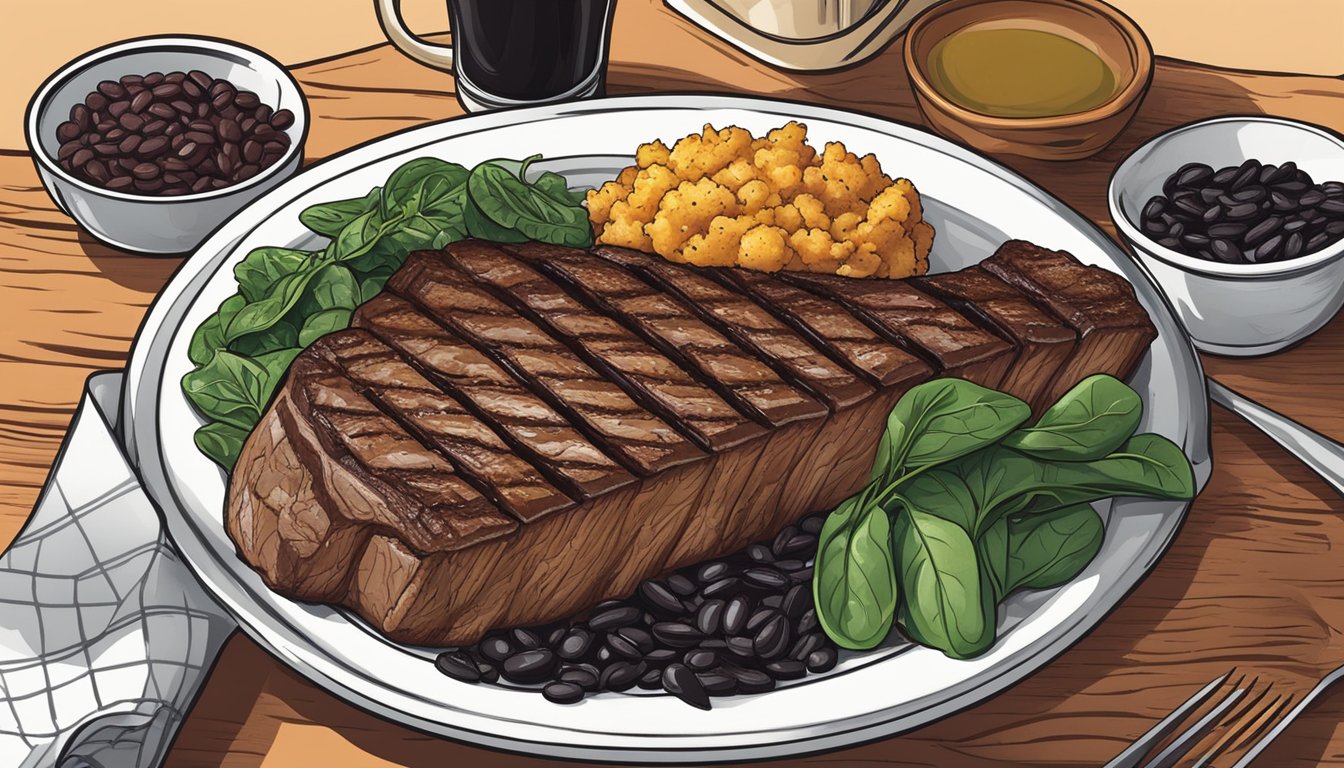 A colorful plate of Texan cuisine, including grilled steak, black beans, and spinach, all rich in iron