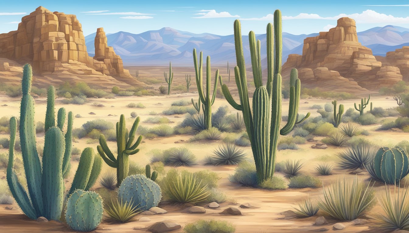 A rugged desert landscape with cacti, rocky terrain, and a clear blue sky, showcasing the ideal setting for hunting with Arizona Outback Adventures