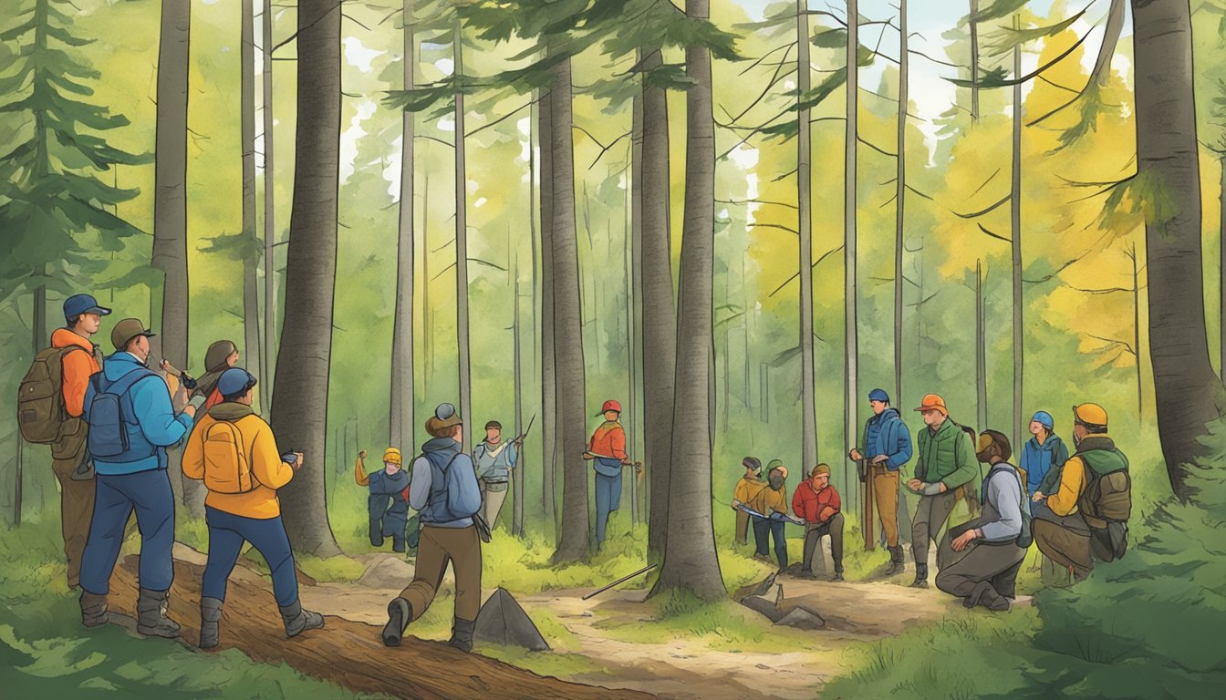 A hunter education class in Maine, with instructors teaching about recreational safety in a forest setting