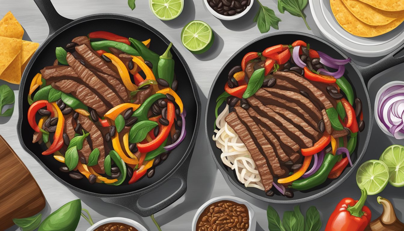 A sizzling skillet of beef fajitas surrounded by grilled peppers and onions, with a side of iron-rich spinach and black beans