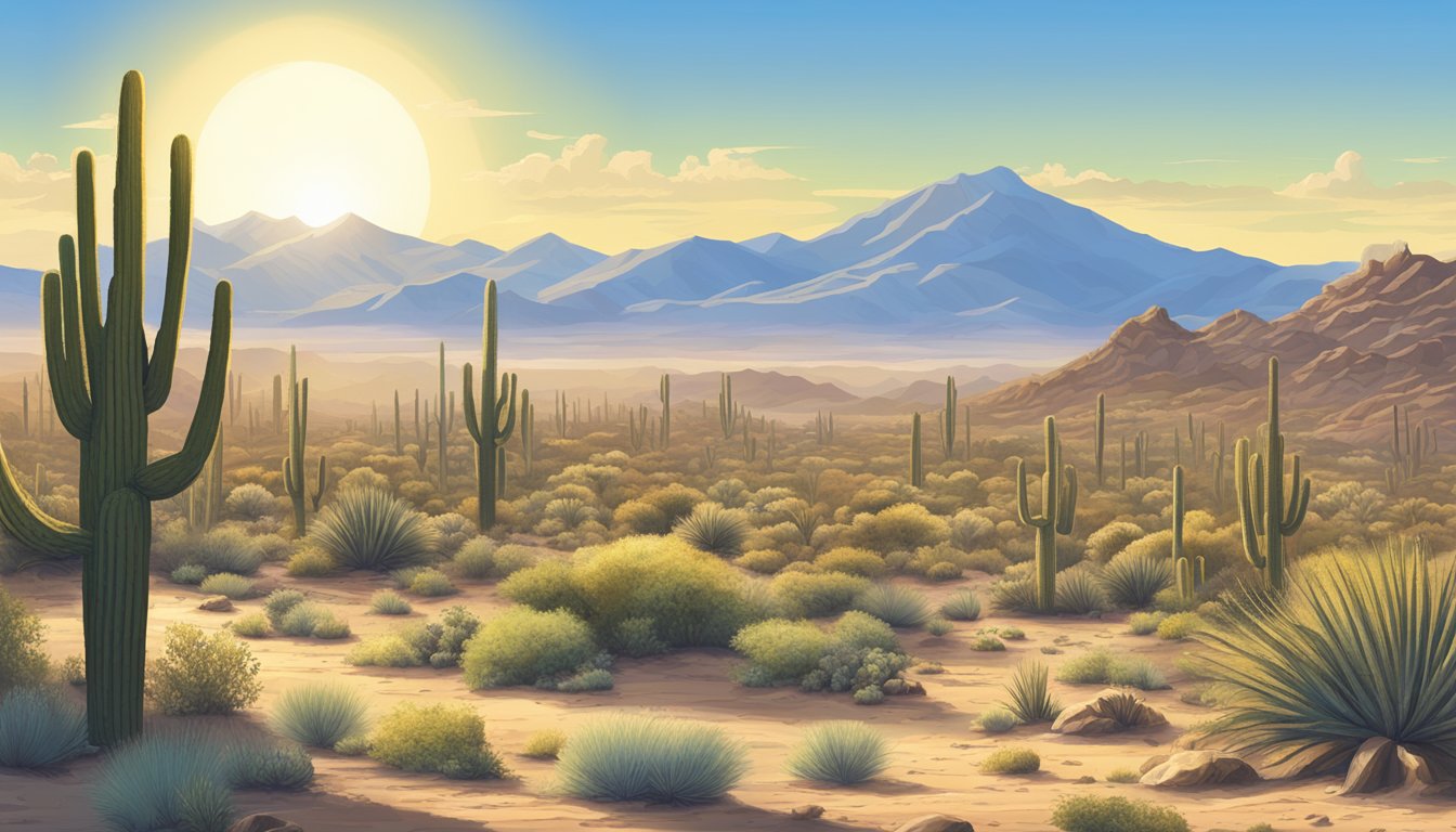 A vast desert landscape with rugged mountains in the background, dotted with saguaro cacti and other desert flora. A clear blue sky with the sun shining down on the arid terrain