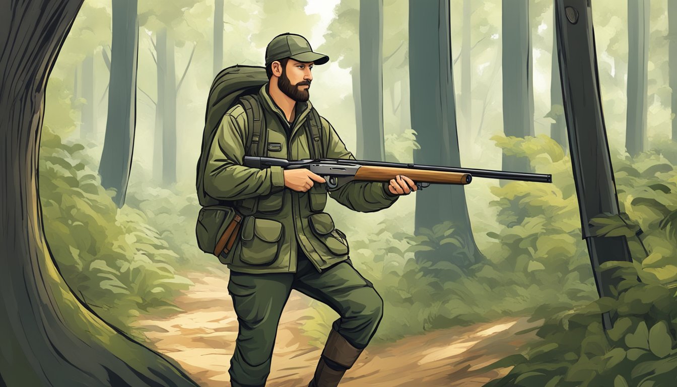 A hunter in a forest, demonstrating advanced skills such as tracking, camouflage, and wilderness survival techniques