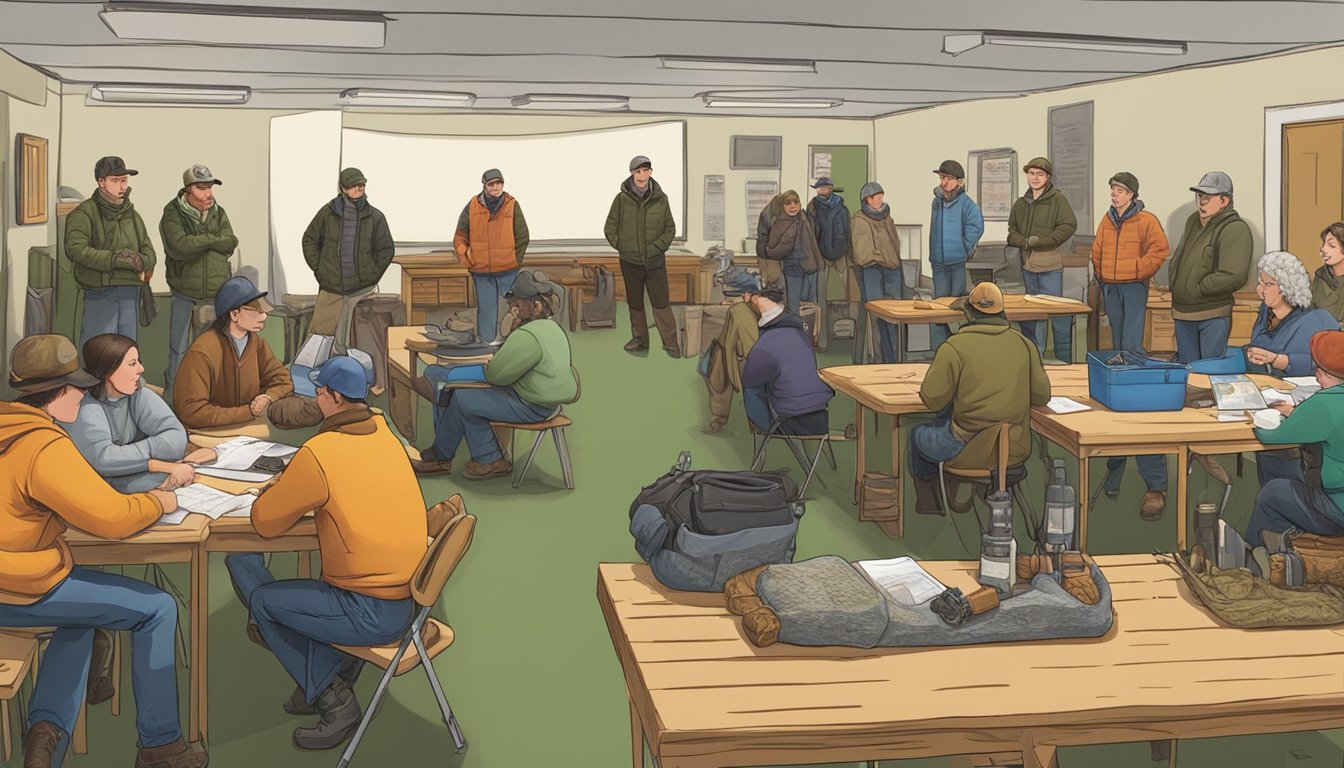 A group of people gather in a community center for a hunter education class in rural Maine. Educational materials and hunting gear are displayed on tables