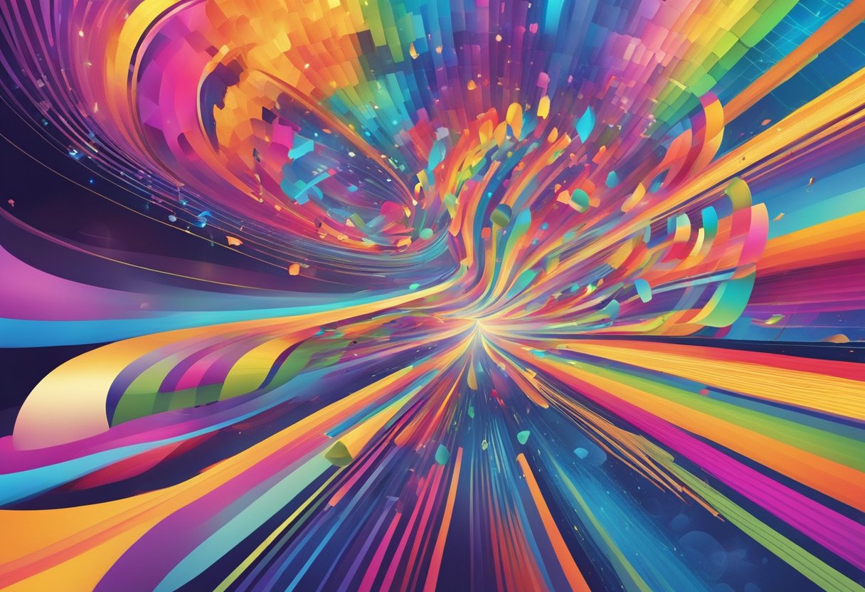 A colorful symphony of sound waves intertwining with vibrant, swirling patterns, as various objects emit a spectrum of hues and melodies