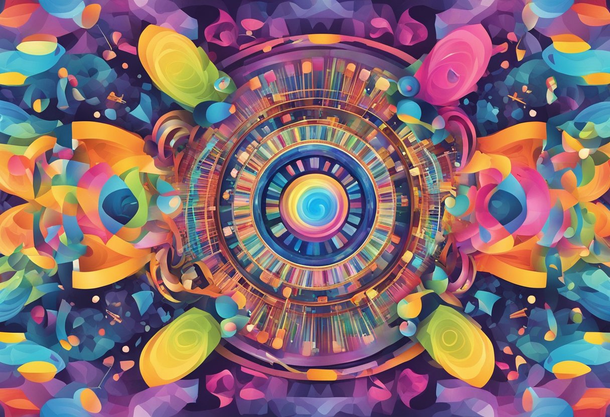 A colorful symphony of sound and sight, with vibrant hues swirling around musical notes and words, creating a sensory kaleidoscope