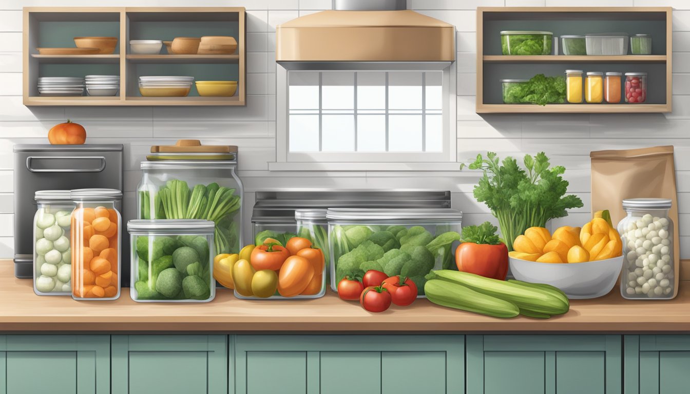 A well-organized kitchen counter with fresh produce, sealed containers, and labeled shelves for efficient food prep and storage