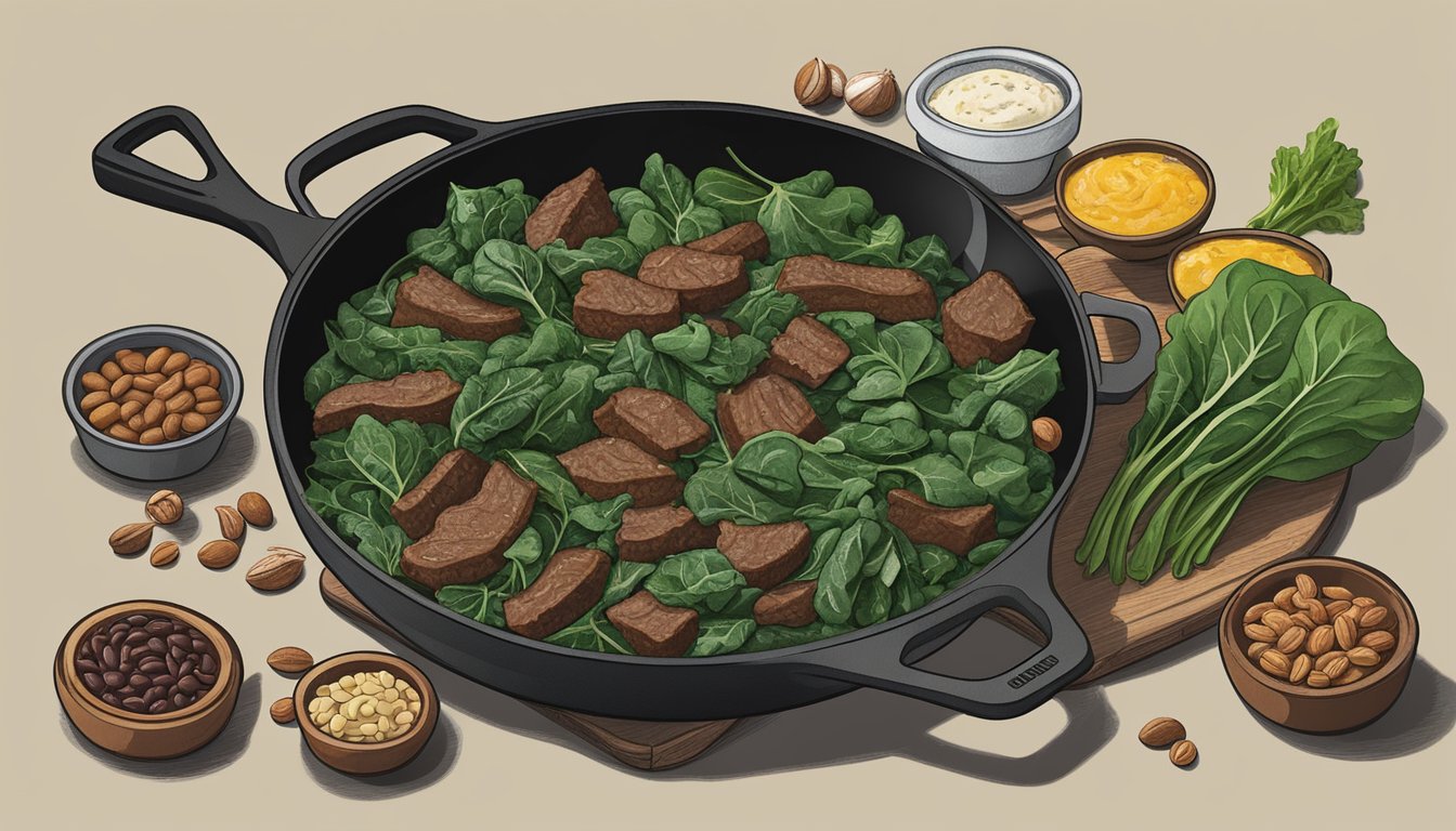 A skillet sizzling with collard greens and spinach, surrounded by a spread of iron-rich Texan ingredients like beef, beans, and nuts