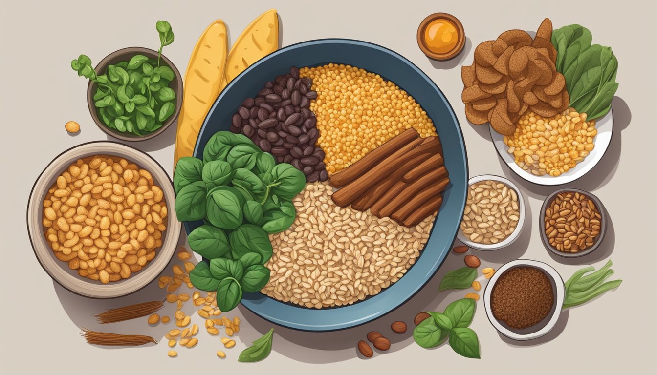 A bowl of iron-enriched grains and cereals surrounded by Texan foods like beans, spinach, and beef