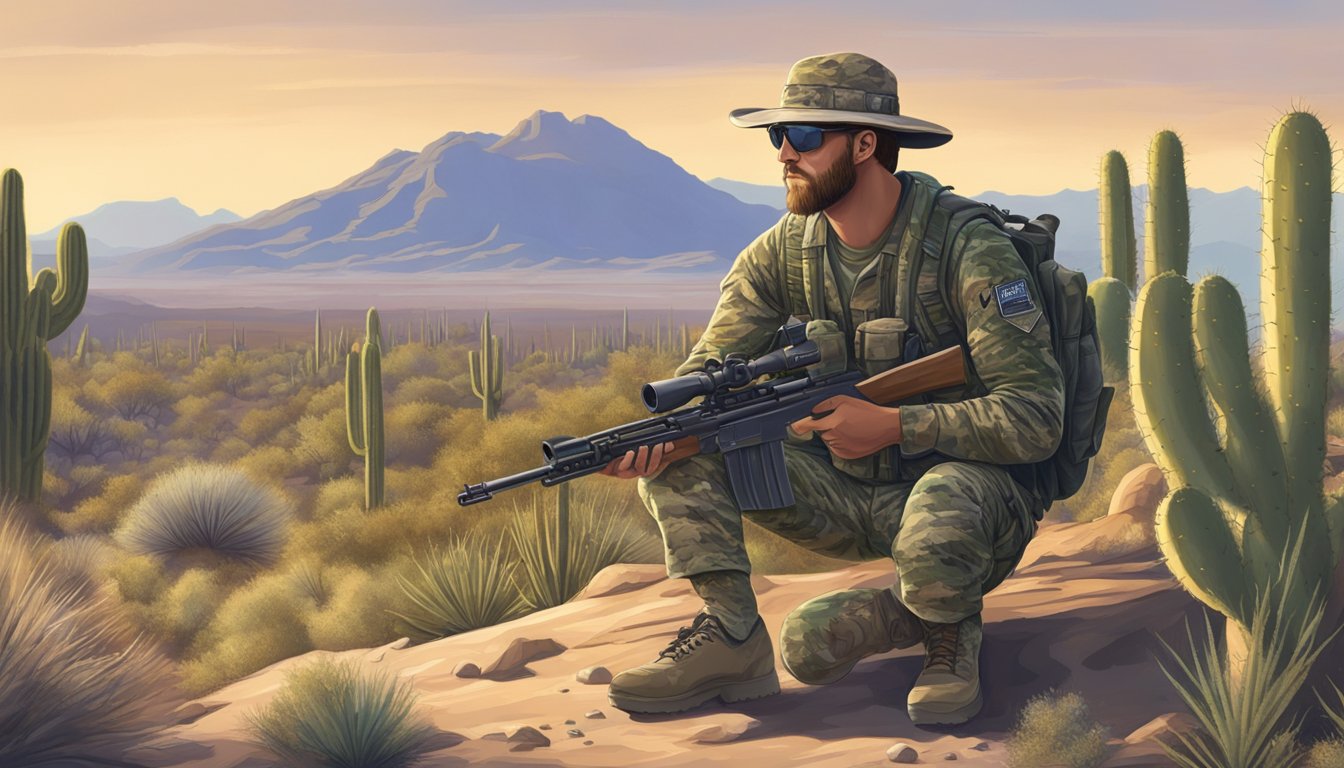 A hunter in camouflage gear kneeling beside a rifle, surrounded by desert scrub and cacti under the Arizona sun