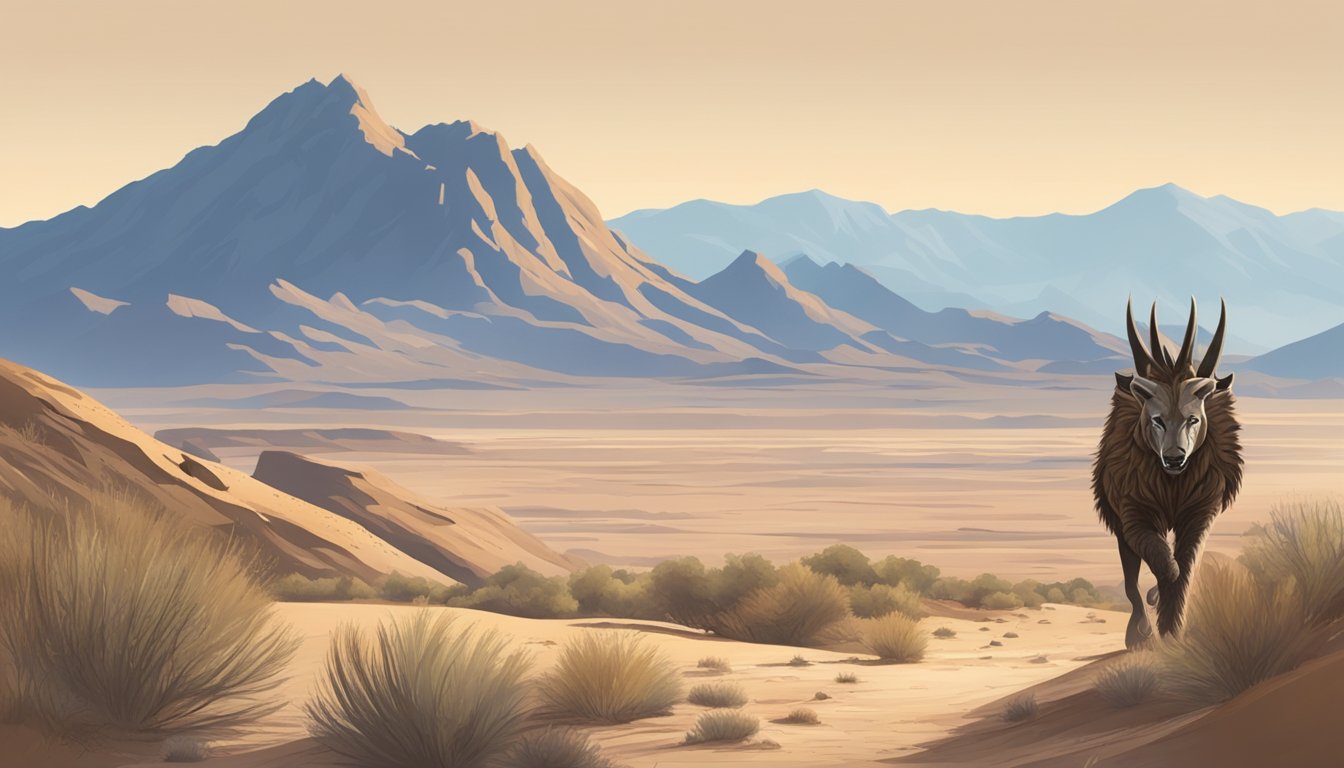 A vast desert landscape with rugged mountains in the background, a clear blue sky, and a lone predator prowling through the dry brush