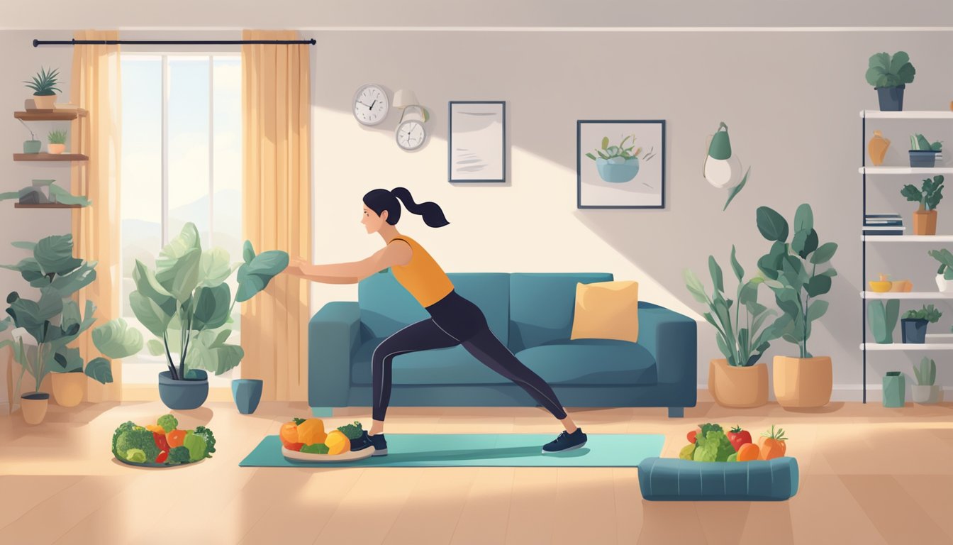 A person exercising at home with healthy food and nutrition displayed nearby