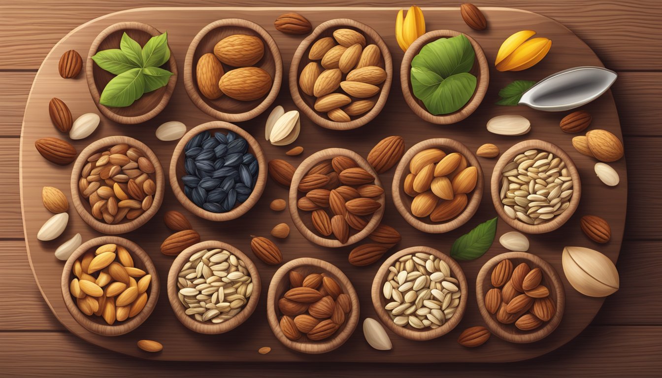 A variety of nuts and seeds arranged on a wooden cutting board, including almonds, pecans, and sunflower seeds